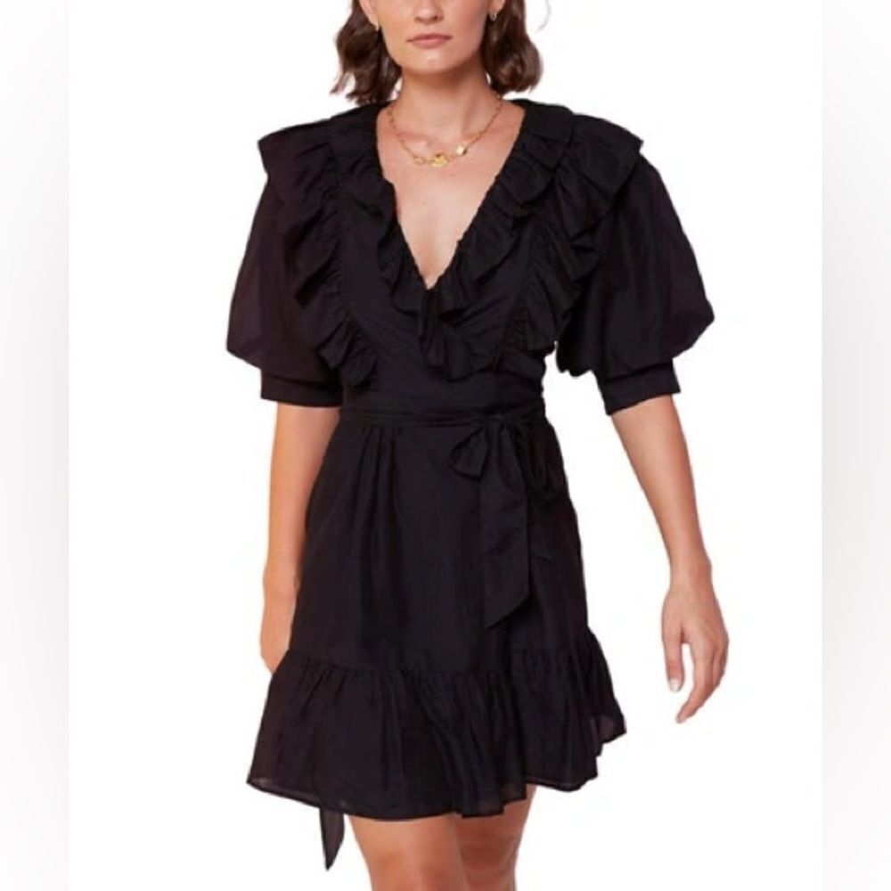 Magali Pascal Maggie Black Silk Blend Ruffled V-Neck Tie Waist Mini Dress Size 8